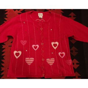 VINTAGE Quacker Factory Women's Valentine's Cardigan 2X Red  Heart Appliqué Bead